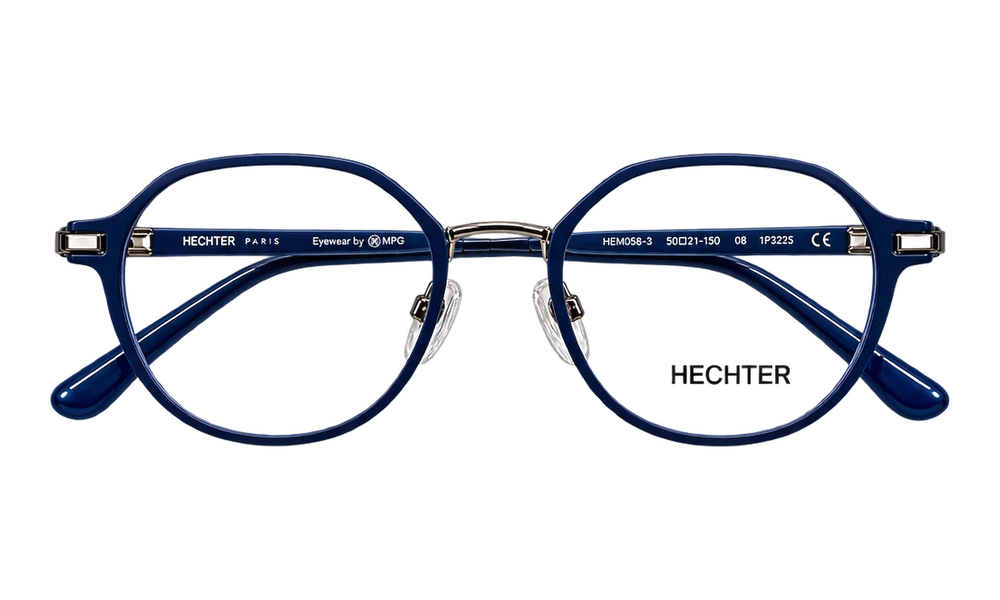 Monture Hechter Paris — Ronde panto à double pont — métal bleu marine, embouts acétate bleu nuit brillant, réf. HEM058-3