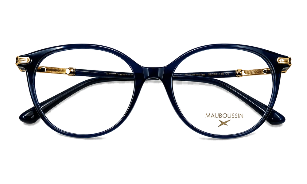 Monture Mauboussin — Ronde panto — acétate bleu marine, branches métal doré, réf. MB1004