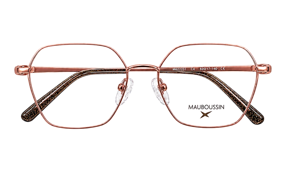 Monture Mauboussin — Hexagonale oversize — métal or rose, embouts pailletés, réf. MAU2314