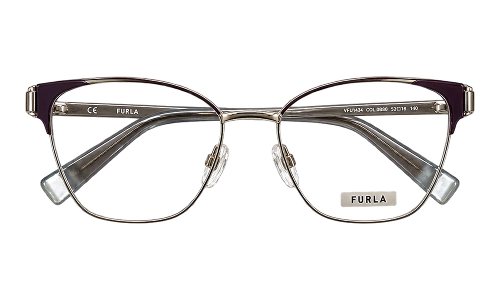 Monture Furla — Œil-de-chat — métal argenté doré, barre supérieure prune, réf. VFU443