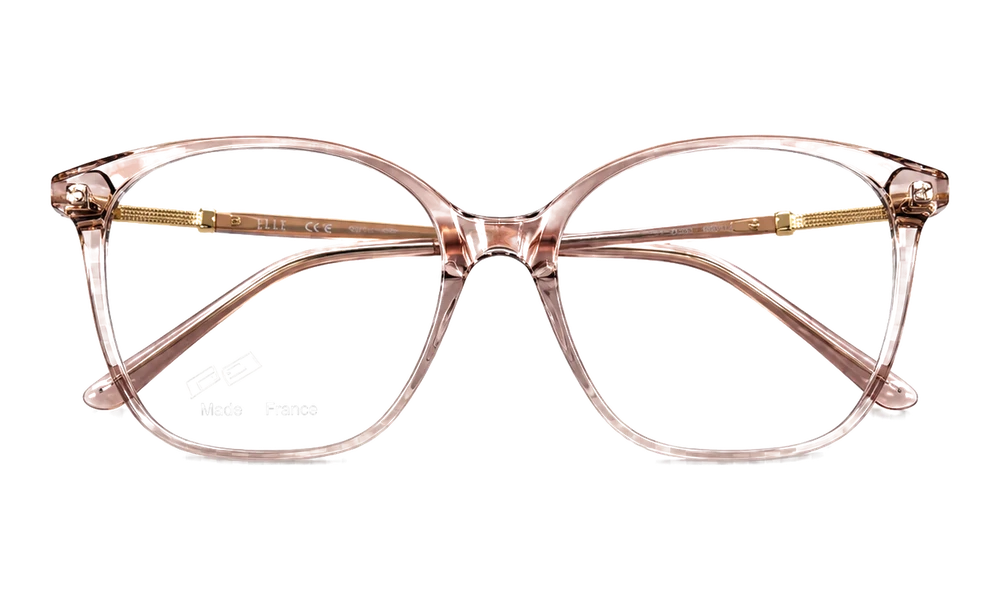 Monture ELLE — Carrée oversize aux angles adoucis — acétate translucide rose poudré, charnières et rappels métal doré, réf. MARLENE